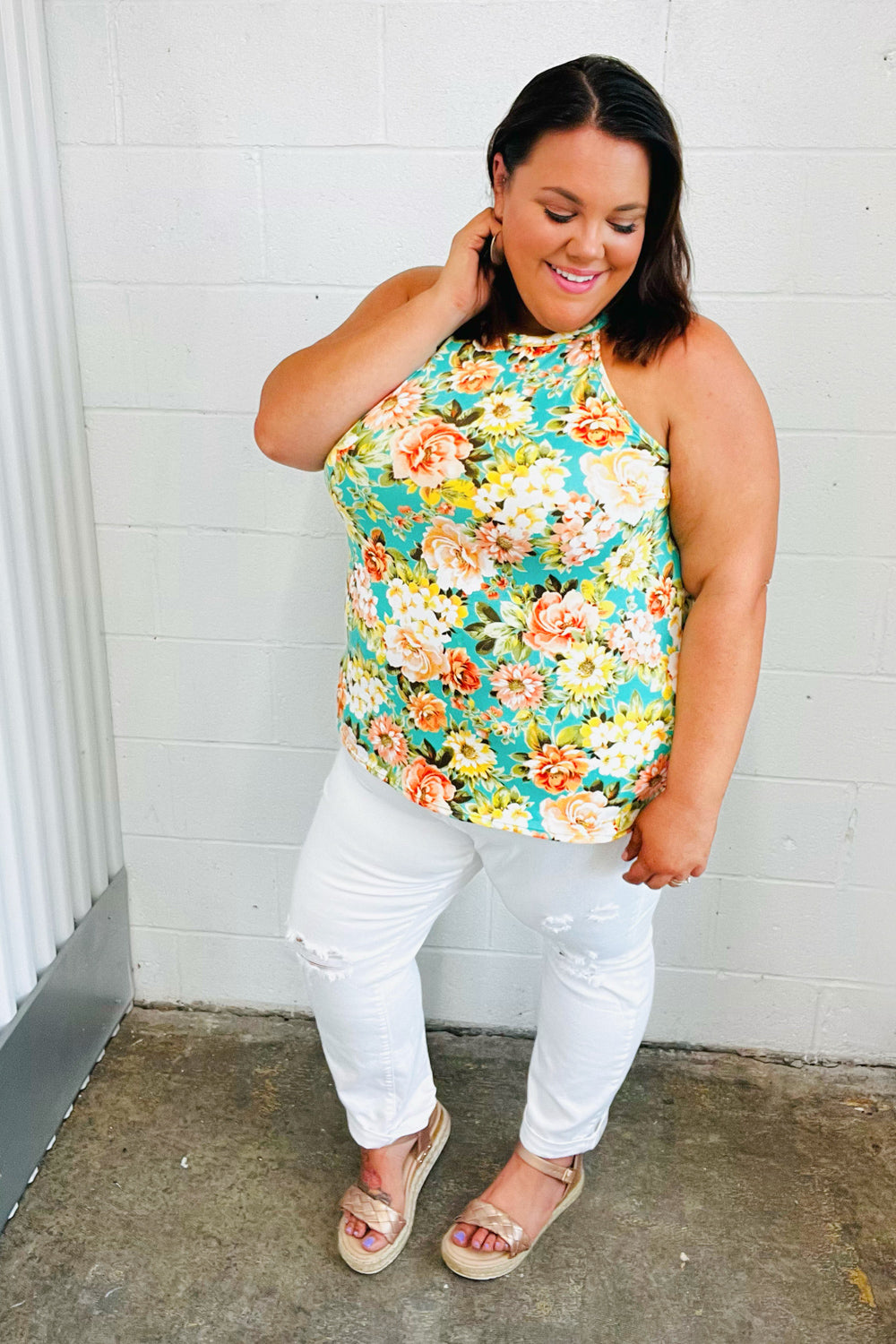 Seafoam Green Floral Halter Neck Tank Top