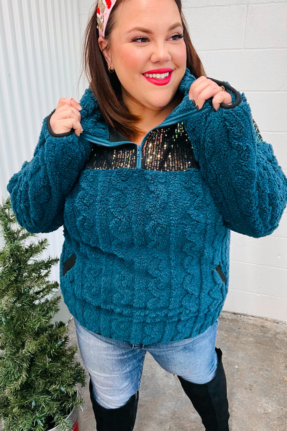 Going With You Teal Sequin & Sherpa Half Zip Pullover