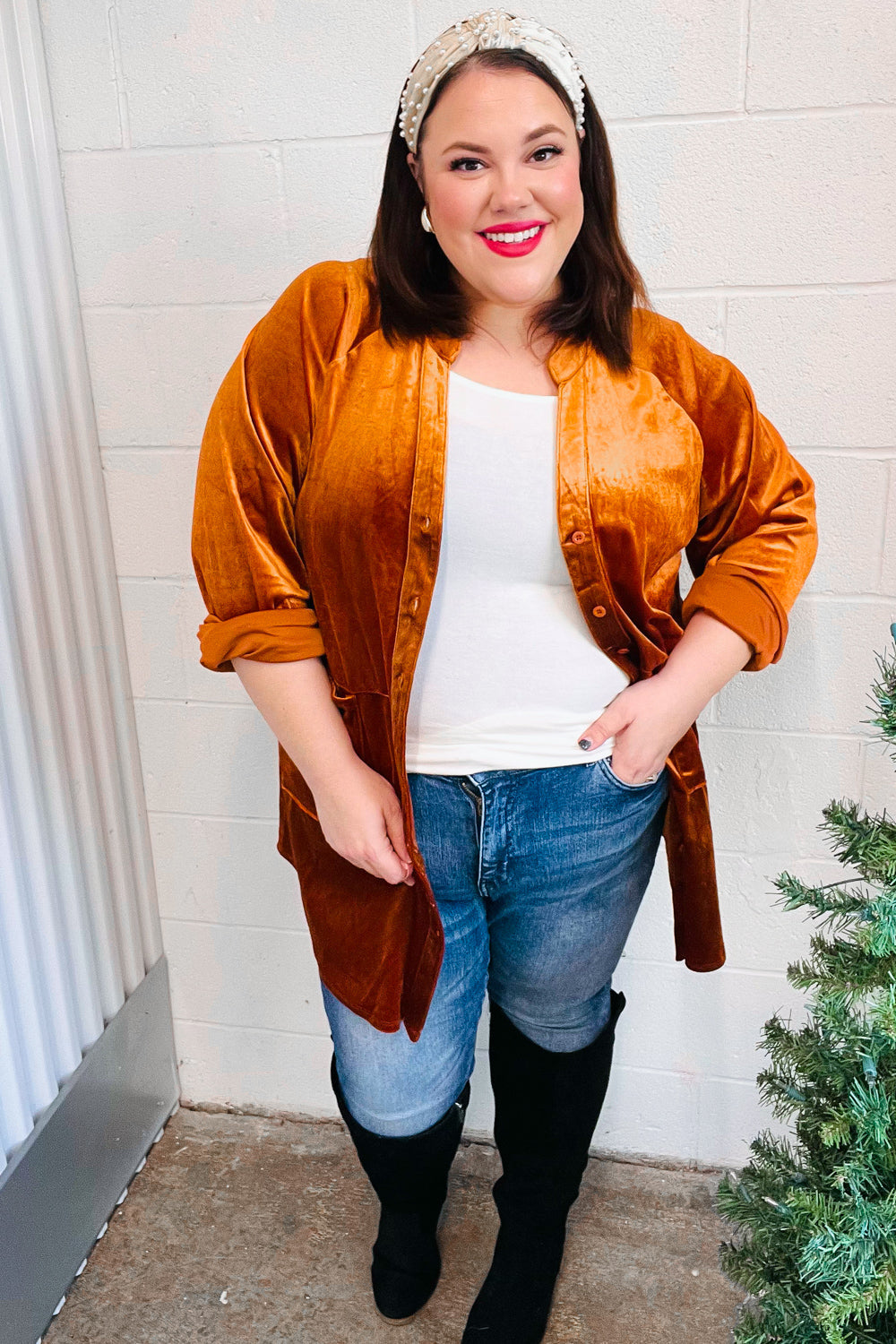 Dazzling Rust Velvet Button Down Tunic Top