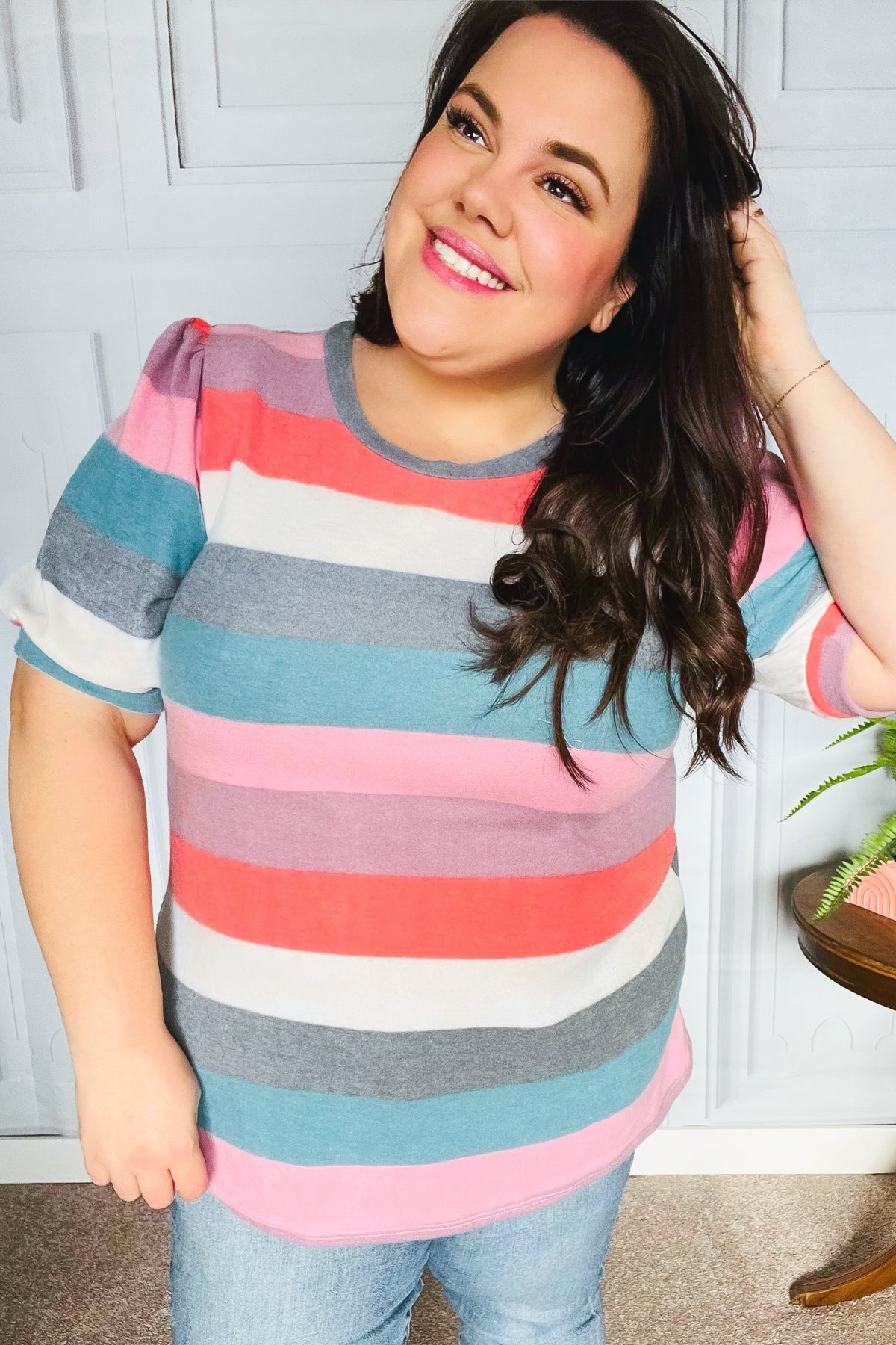 Look Out Teal & Rose Striped Hacci Knit Puff Sleeve Top