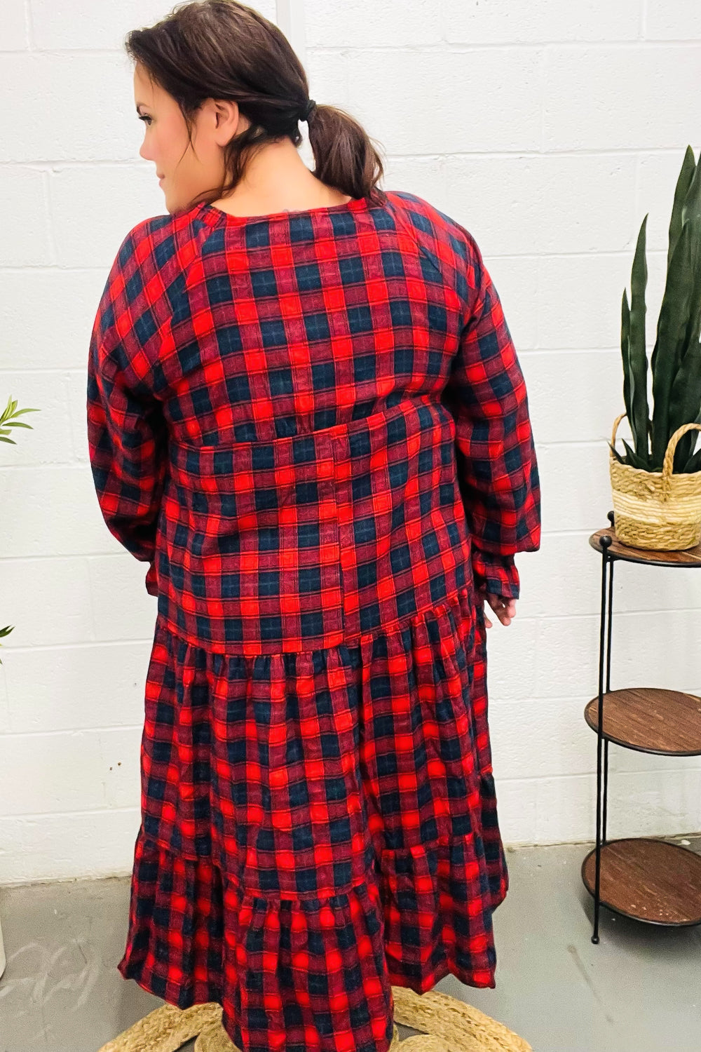 All I Want Red Plaid Elastic V Neck Tiered Maxi Dress