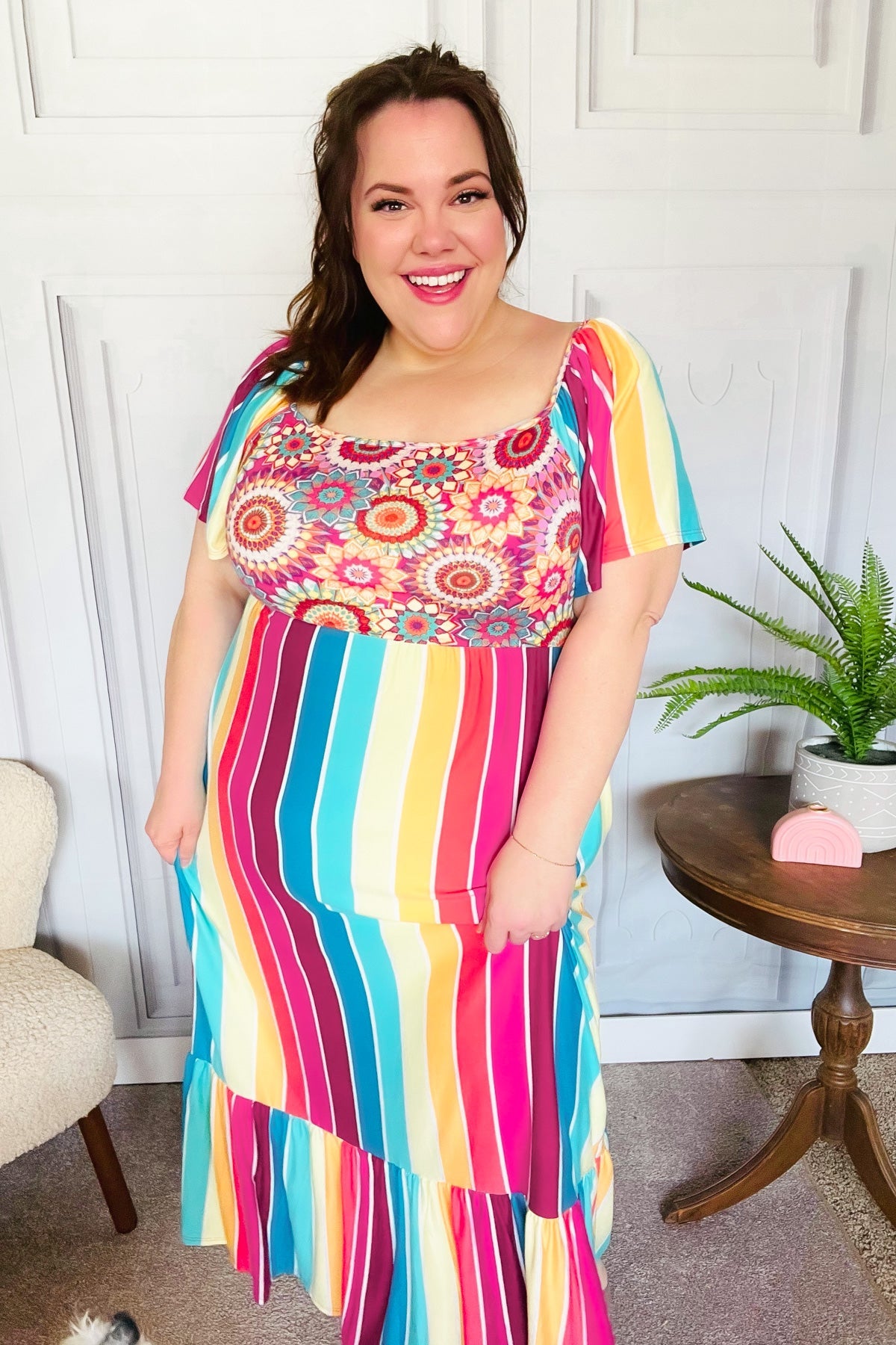 Feeling Bold Fuchsia & Teal Striped Medallion Crochet Print Dress