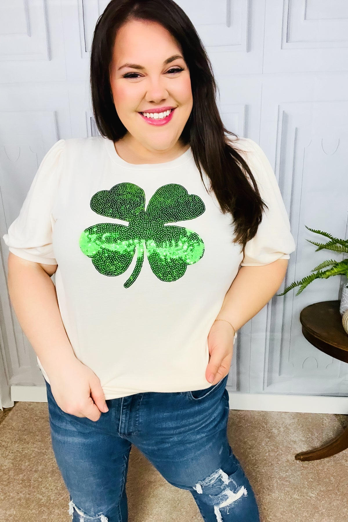 Saint Patty Sequin Clover French Terry Puff Sleeve Top