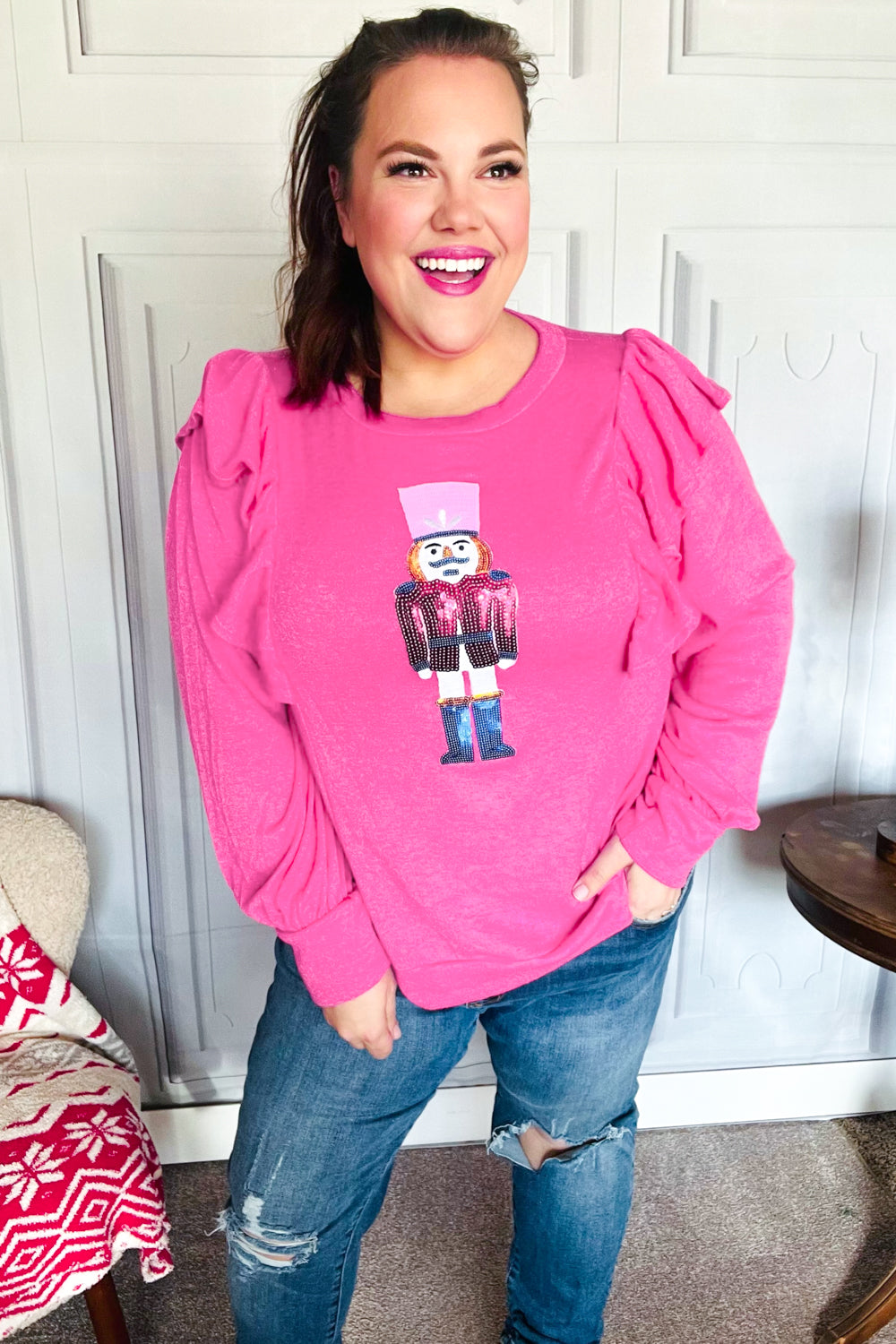 Holiday Hot Pink Sequin Nutcracker Ruffle Hacci Sweater