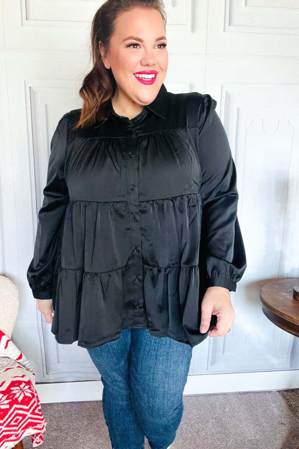 Perfectly You Black Button Down Tiered Babydoll Satin Top