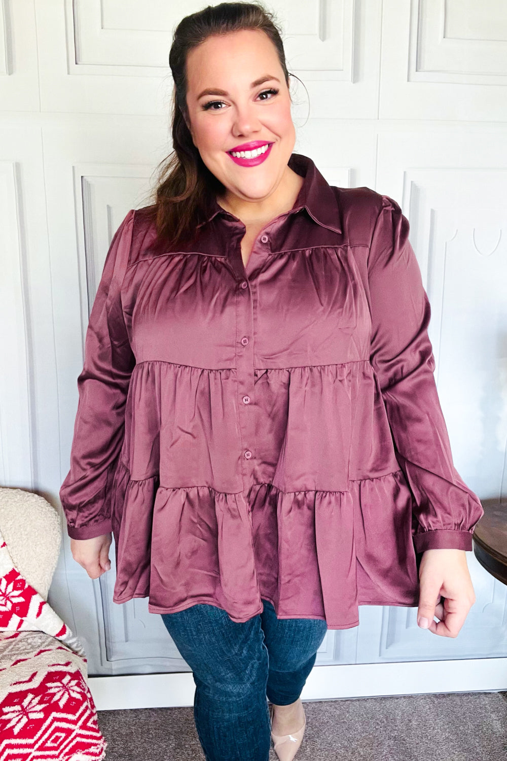 Perfectly You Burgundy Button Down Tiered Babydoll Satin Top