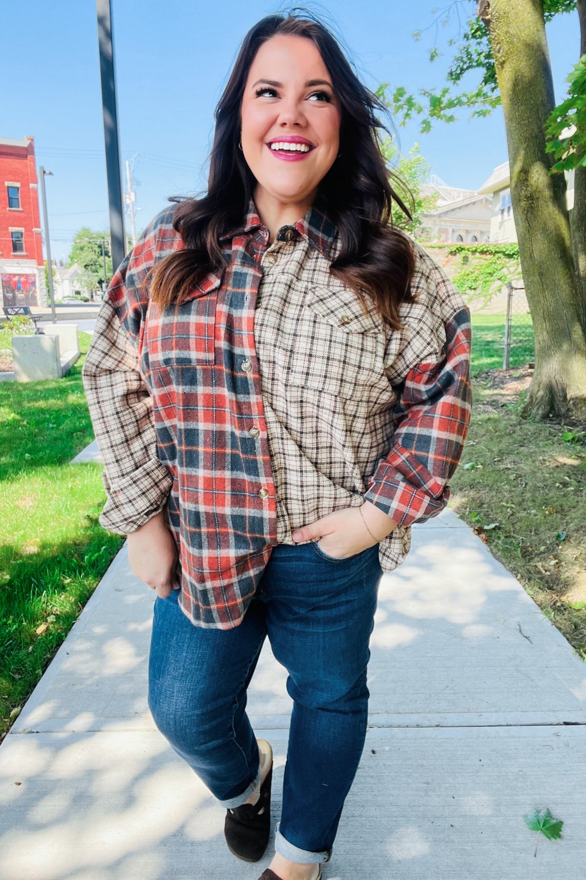 Make A Statement Rust & Taupe Plaid Color Block Shacket