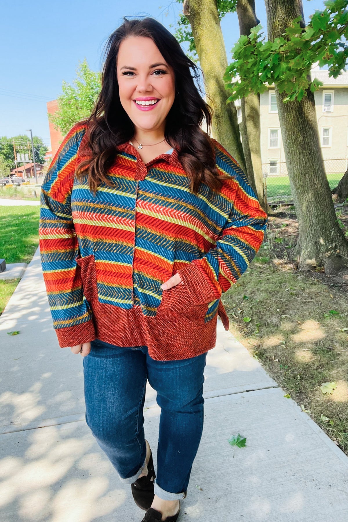 Casual Living Rust & Teal Striped Two Tone Knit Pocketed Top