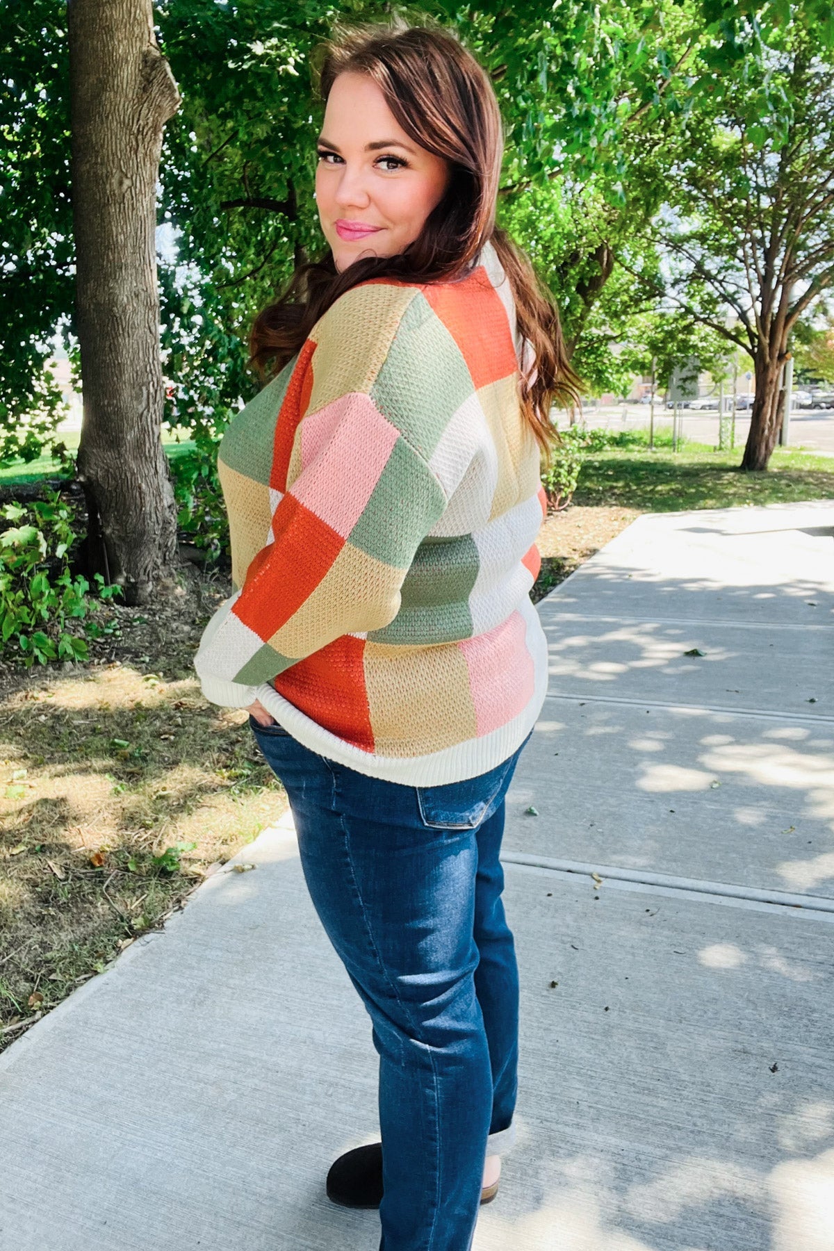 Be Bold Ivory & Rust Checker Jacquard Knit Sweater