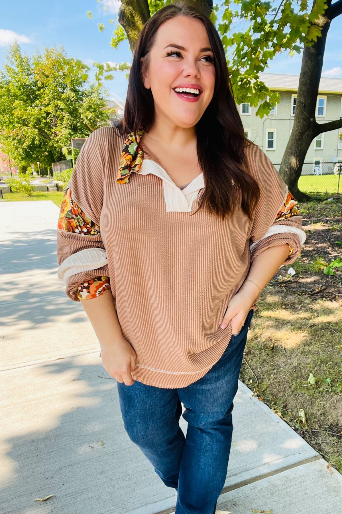 Charming Caramel Floral Print Colorblock Notch Neck Top