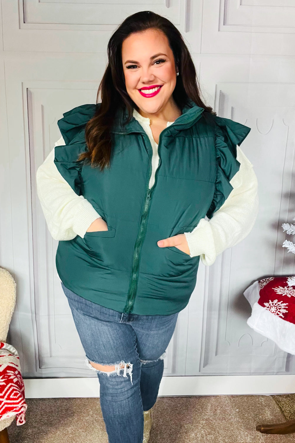 Feeling Festive Hunter Green Zipper Up Quilted Ruffle Sleeve Puffer Vest