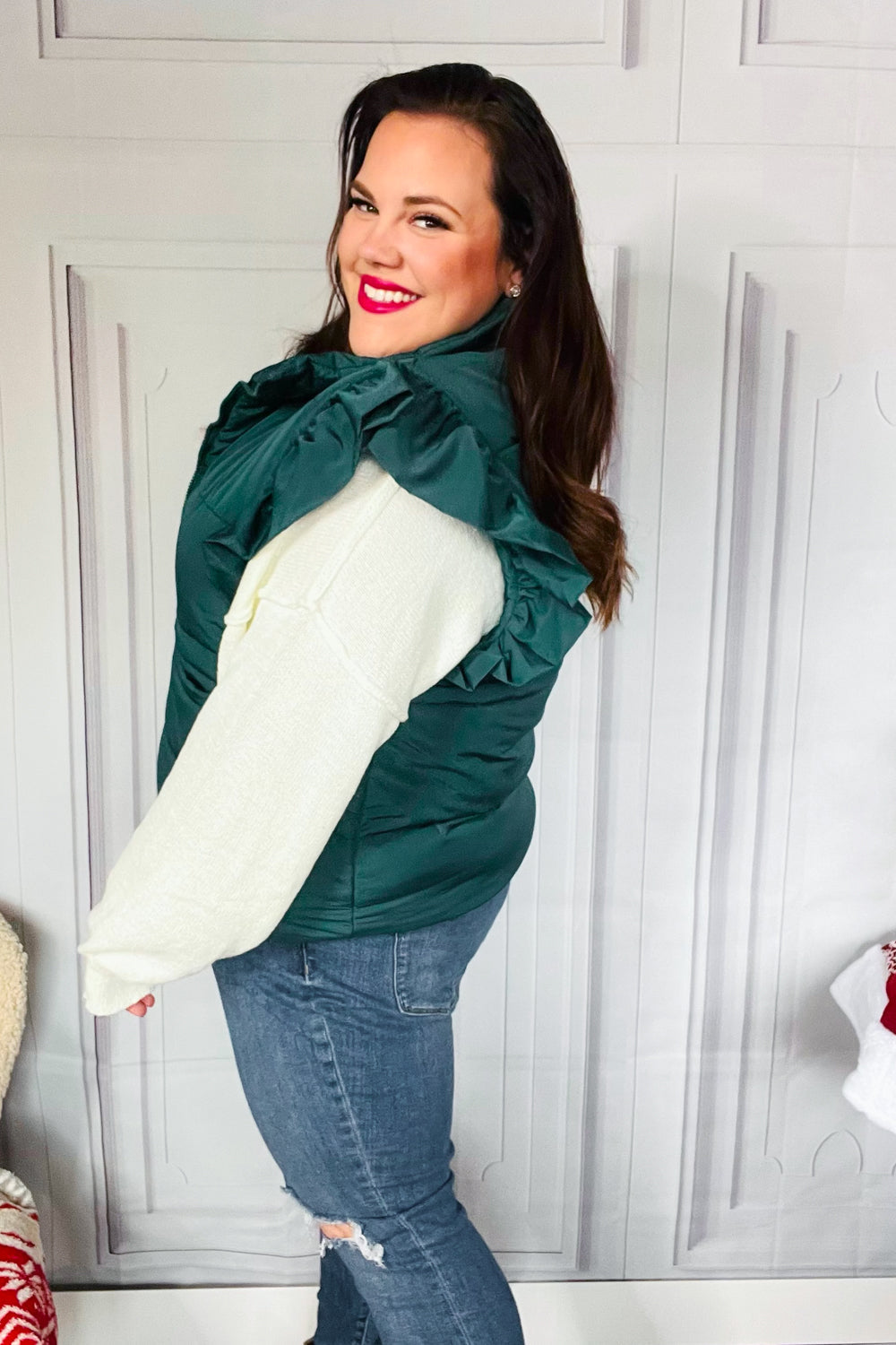 Feeling Festive Hunter Green Zipper Up Quilted Ruffle Sleeve Puffer Vest