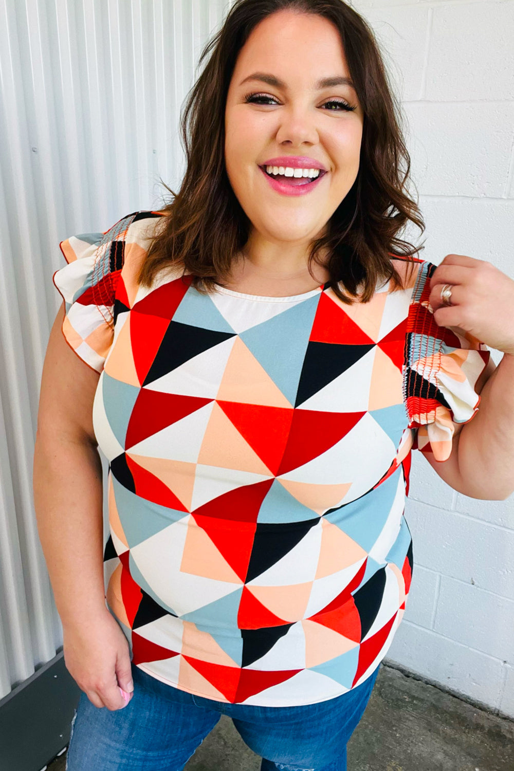 Burnt Orange Geo Print Smocked Ruffle Frill Sleeve Top