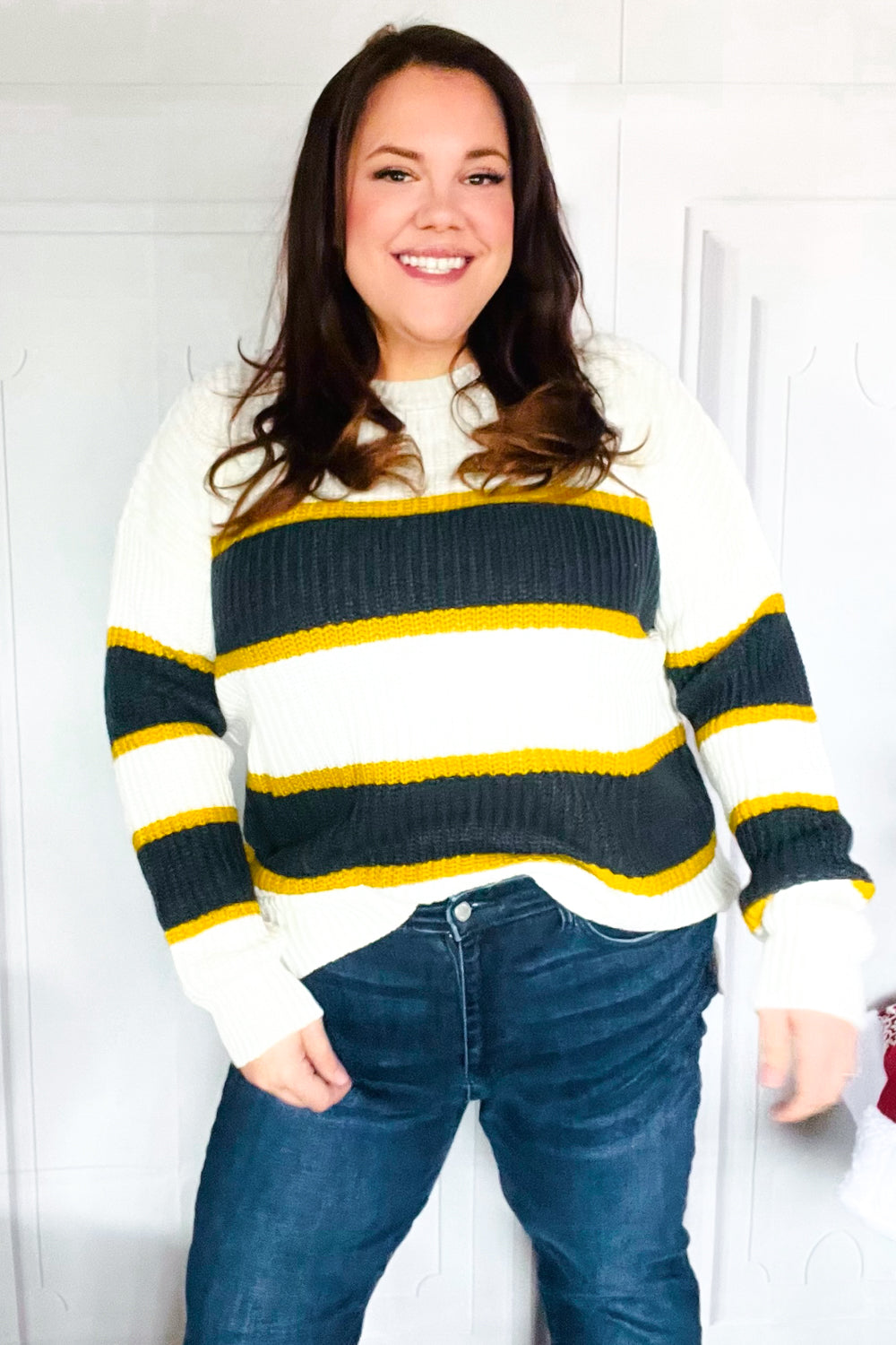 Casual Chic Yellow & Ivory Stripe Oversize Knit Sweater