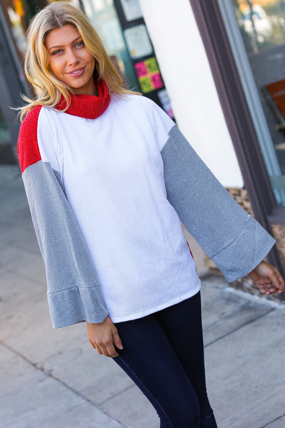 Red/White Hacci Color Block Jacquard Knit Turtleneck