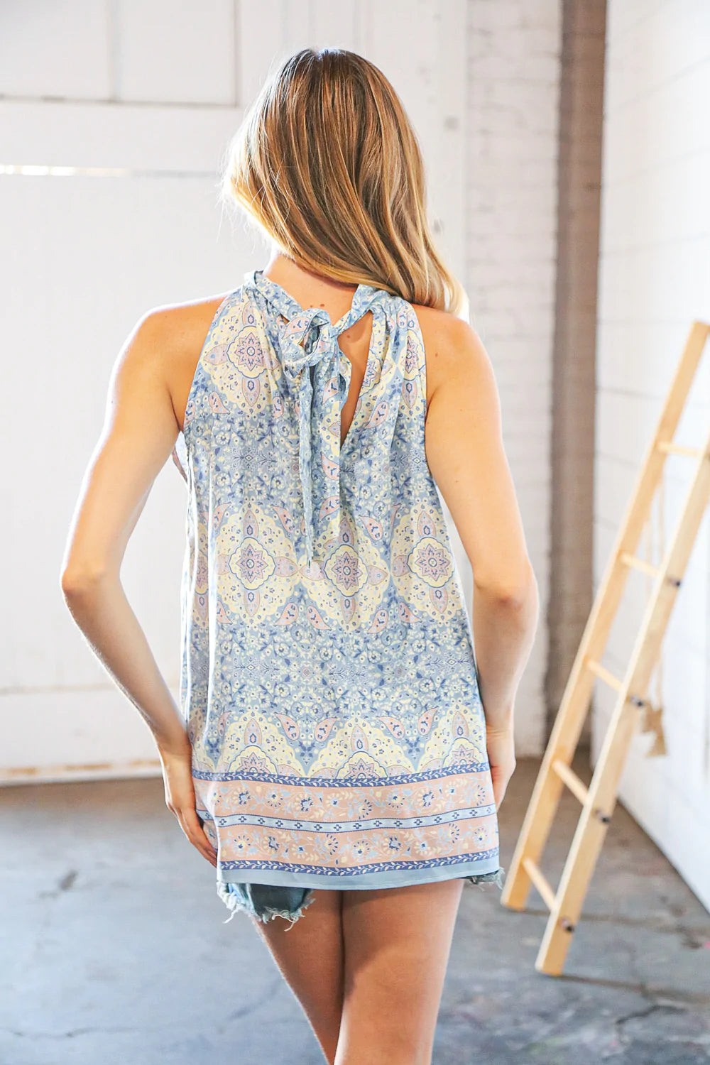 Boho Print Keyhole Halter Neck Woven Top