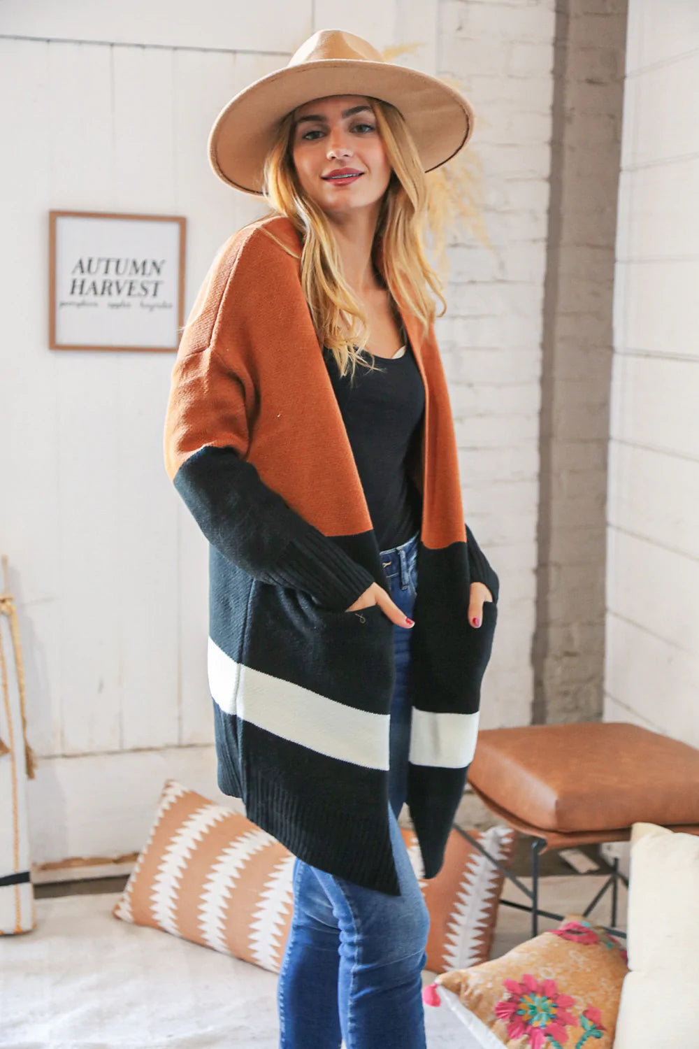 Rust/Black Color Block Midi Length Knit Cardigan