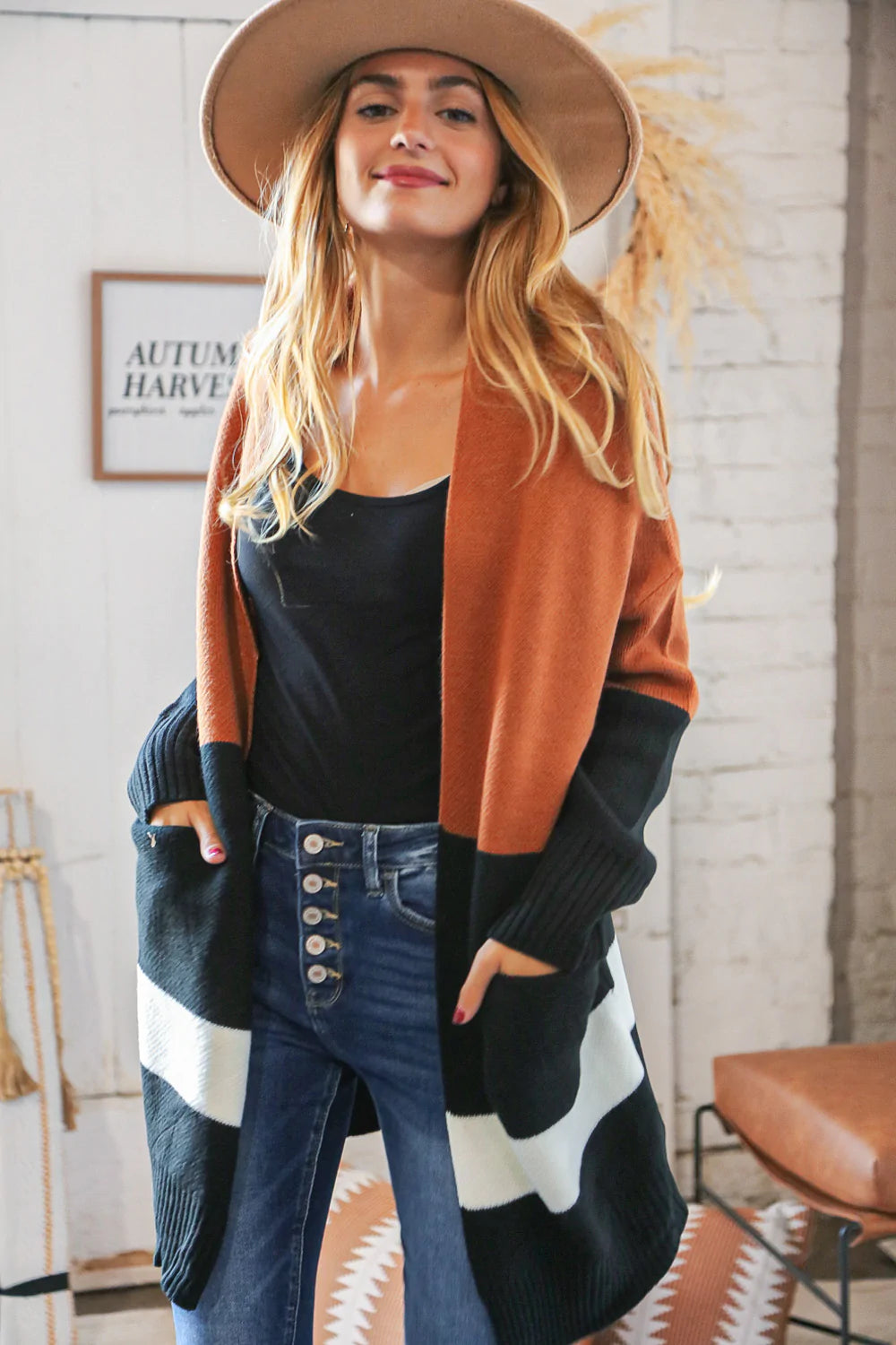 Rust/Black Color Block Midi Length Knit Cardigan