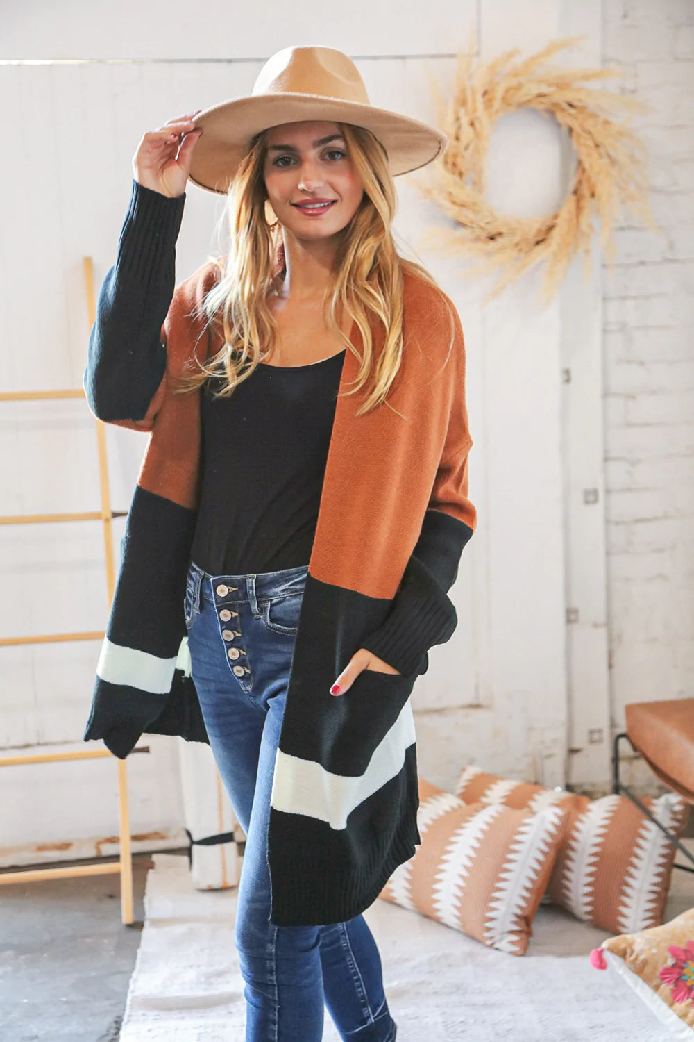 Rust/Black Color Block Midi Length Knit Cardigan