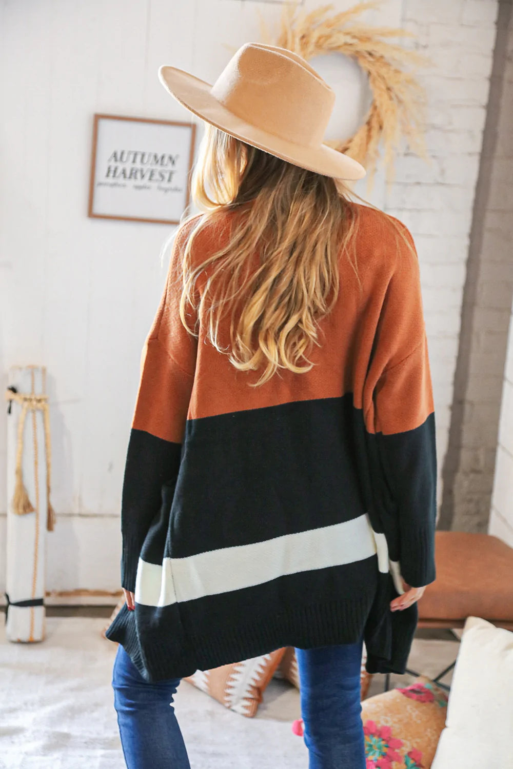 Rust/Black Color Block Midi Length Knit Cardigan