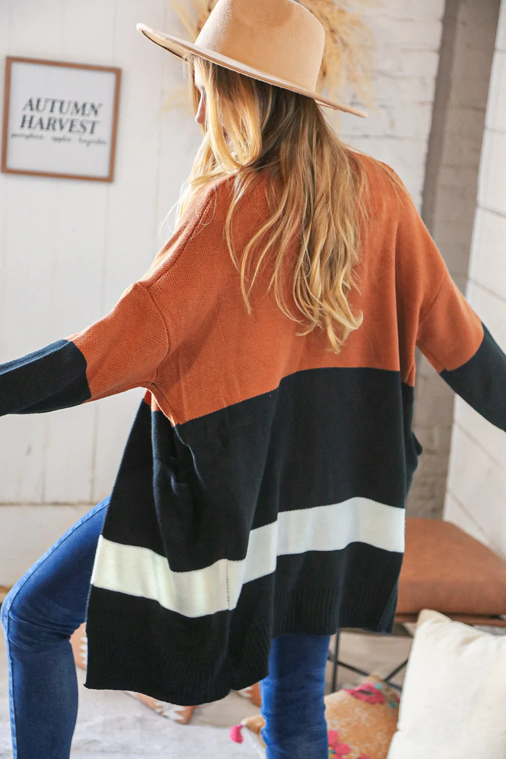 Rust/Black Color Block Midi Length Knit Cardigan