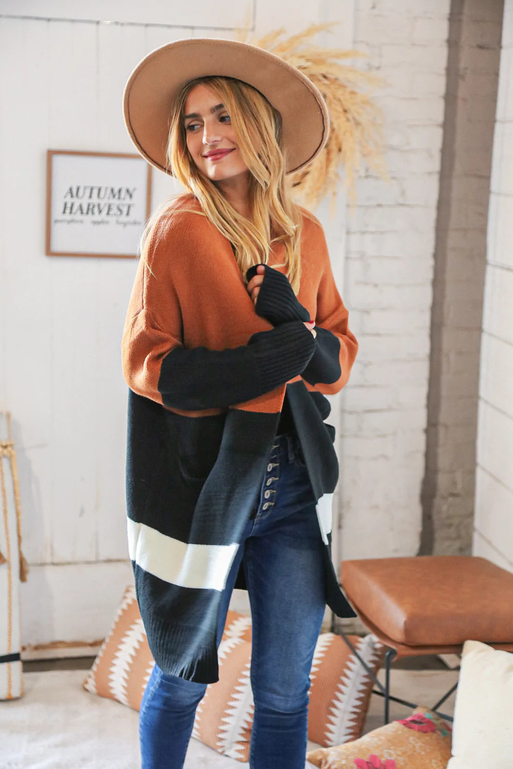 Rust/Black Color Block Midi Length Knit Cardigan