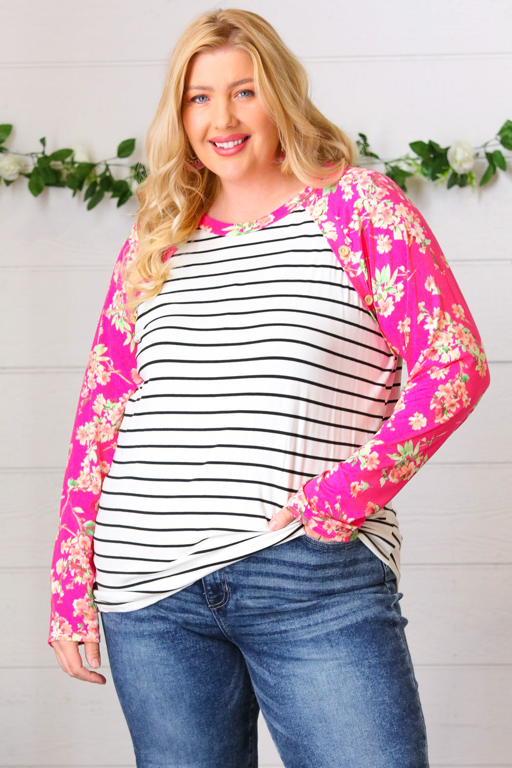 Fuchsia Floral & Stripe Raglan Top