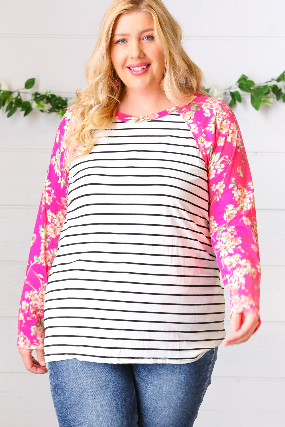 Fuchsia Floral & Stripe Raglan Top