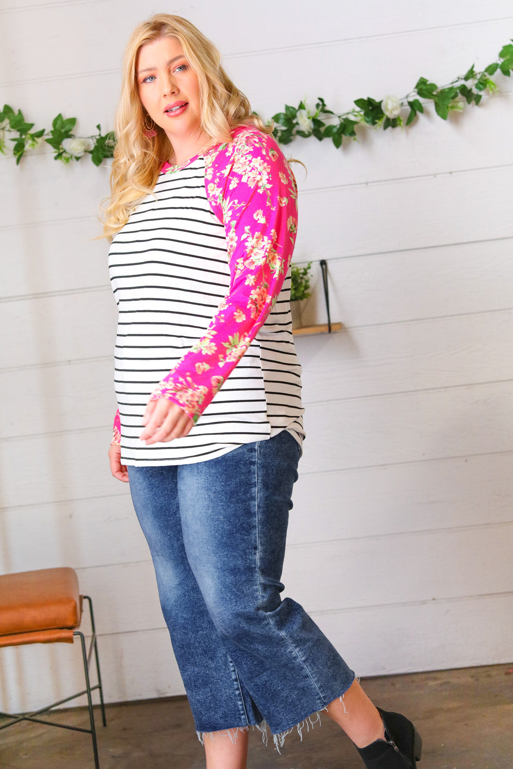 Fuchsia Floral & Stripe Raglan Top