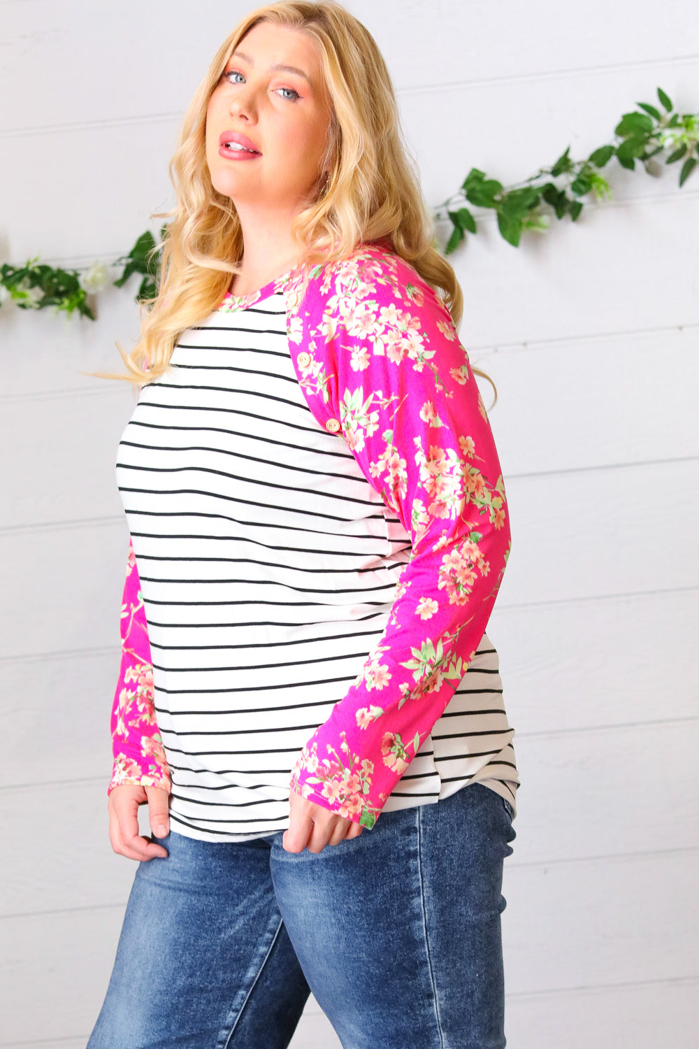 Fuchsia Floral & Stripe Raglan Top