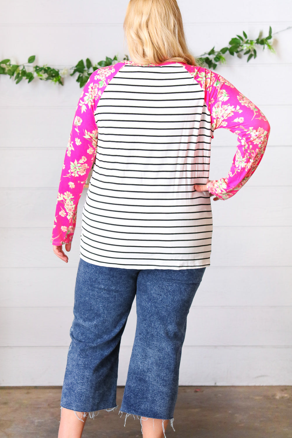 Fuchsia Floral & Stripe Raglan Top