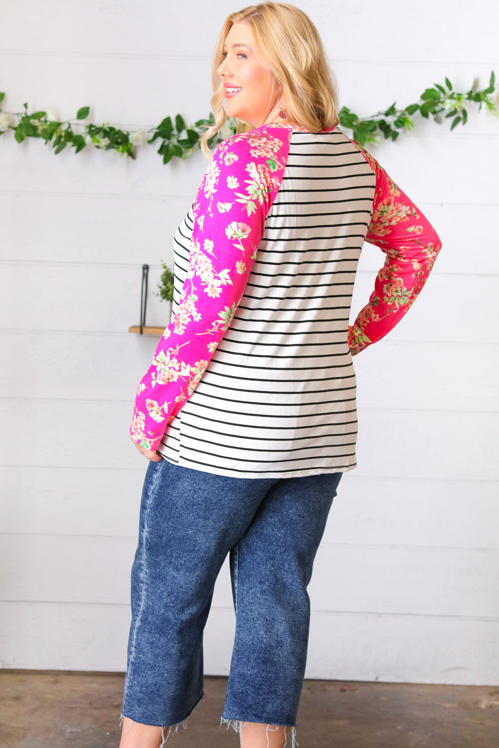 Fuchsia Floral & Stripe Raglan Top