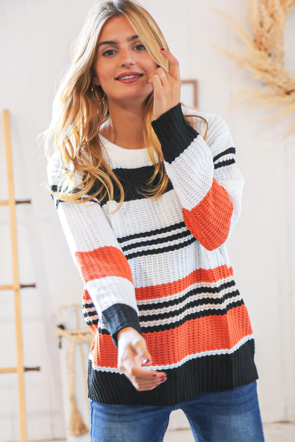 Black & Rust Multi Stripe Slouchy Sweater