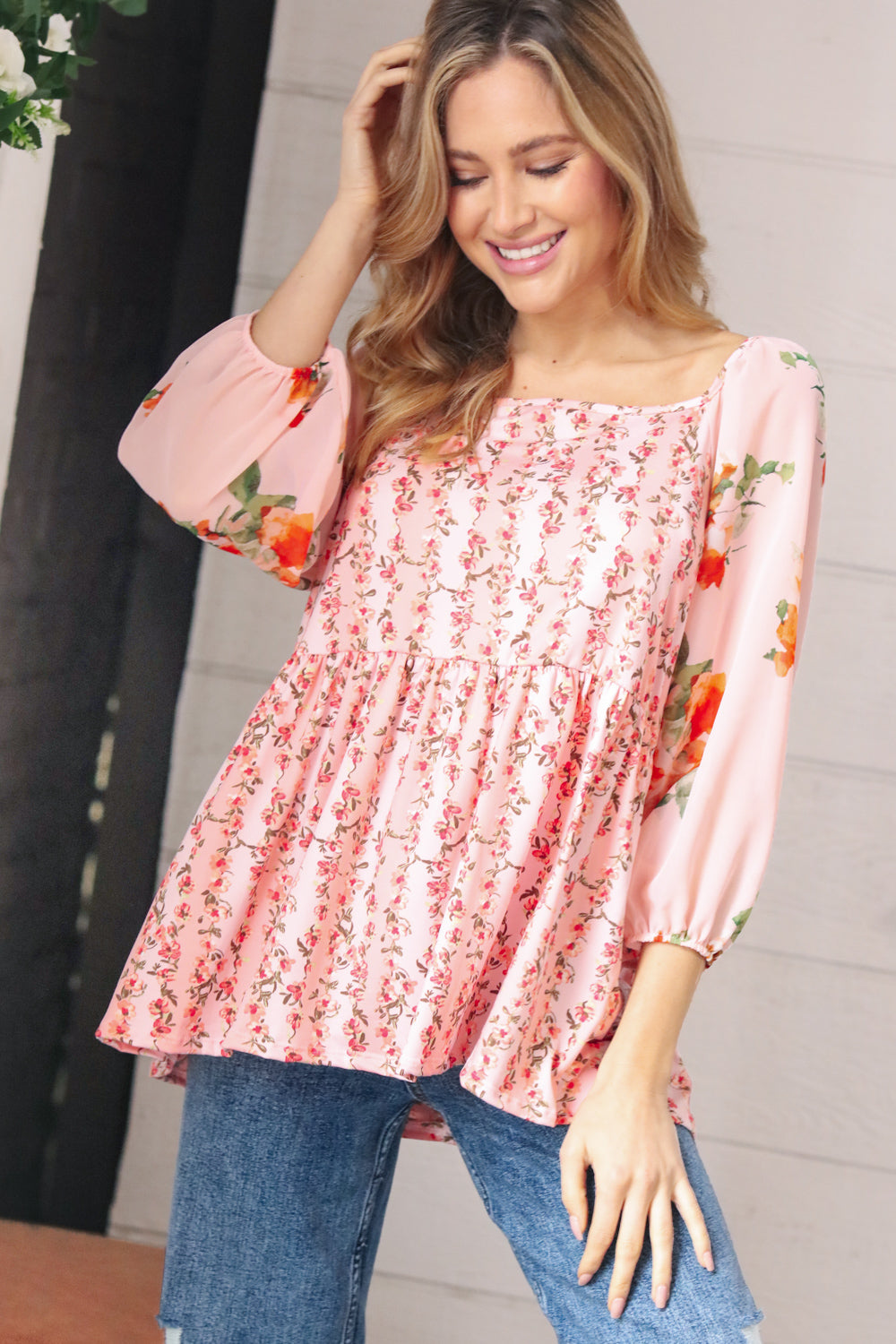 Pink/Red Chiffon Floral Square Neck Babydoll Blouse