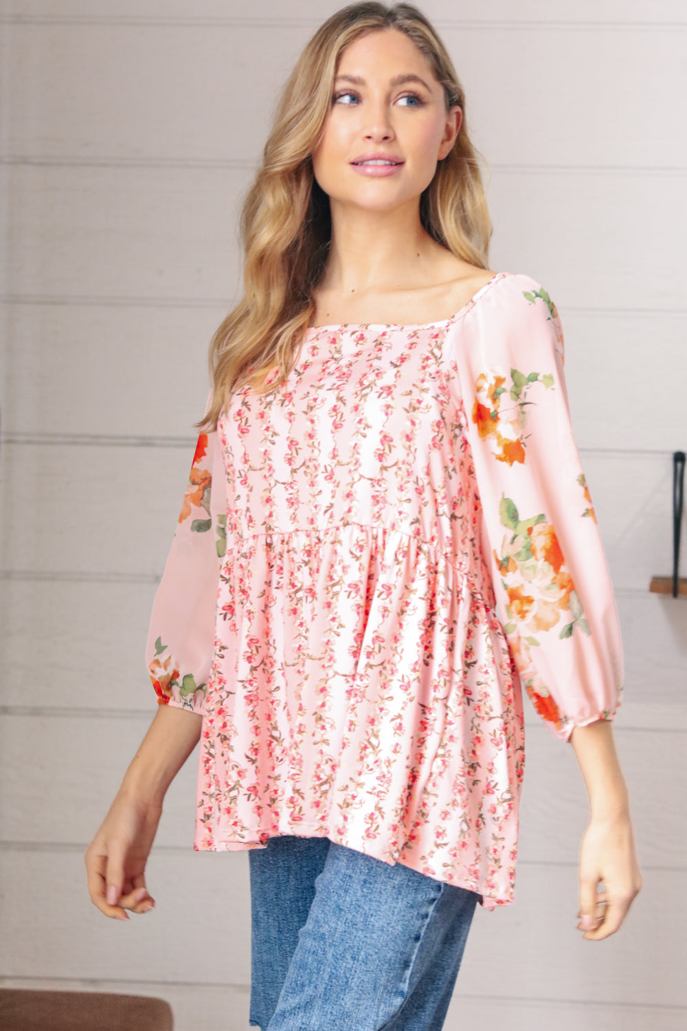 Pink/Red Chiffon Floral Square Neck Babydoll Blouse