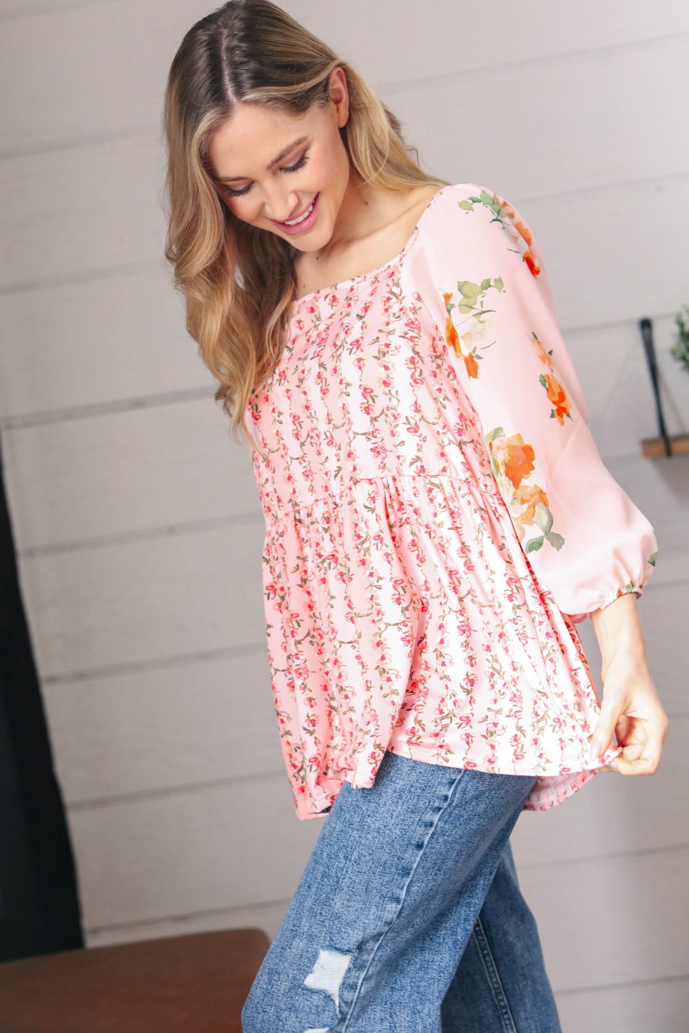 Pink/Red Chiffon Floral Square Neck Babydoll Blouse