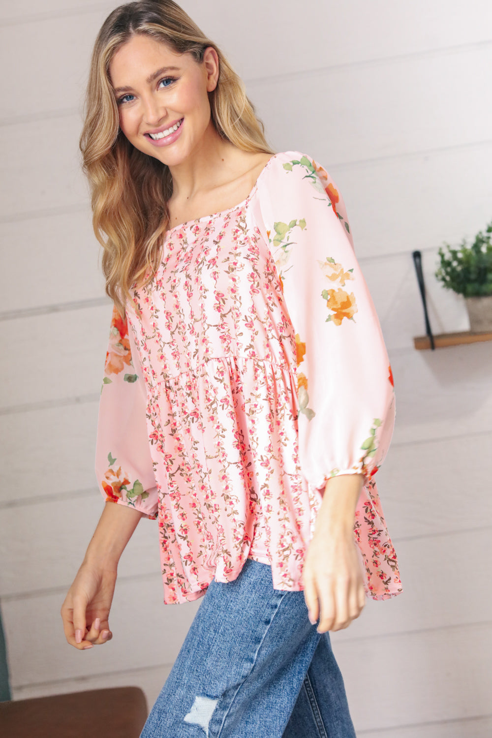 Pink/Red Chiffon Floral Square Neck Babydoll Blouse