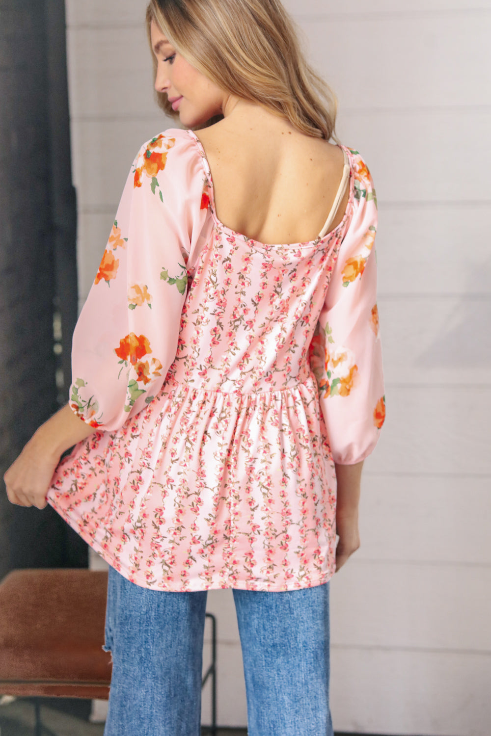 Pink/Red Chiffon Floral Square Neck Babydoll Blouse