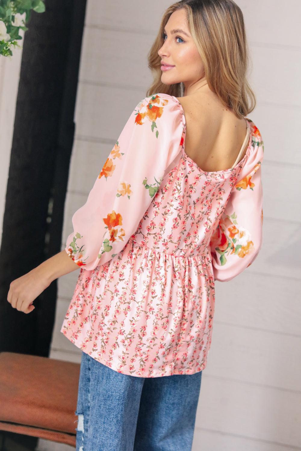 Pink/Red Chiffon Floral Square Neck Babydoll Blouse