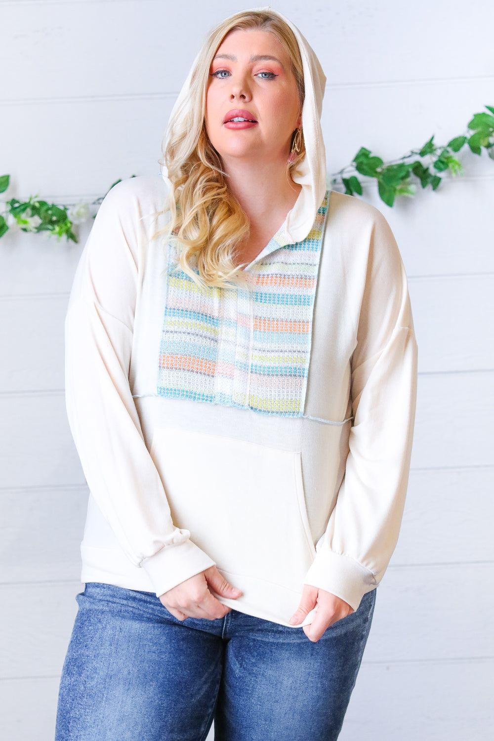 Oatmeal Multicolor Stripe Outseam Hoodie