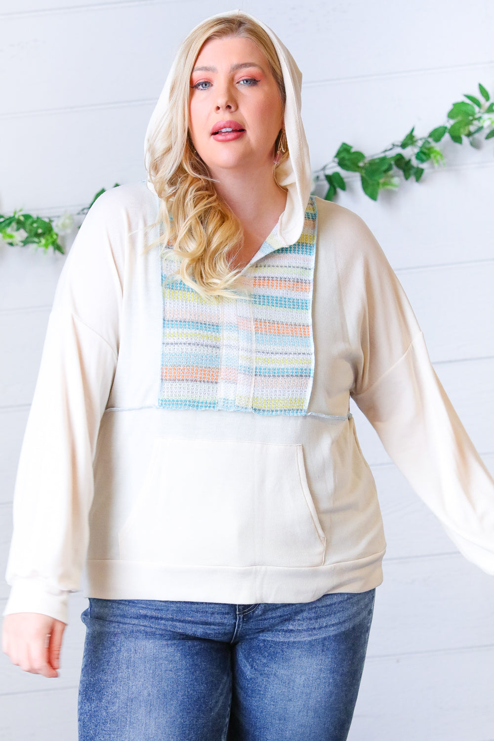 Oatmeal Multicolor Stripe Outseam Hoodie