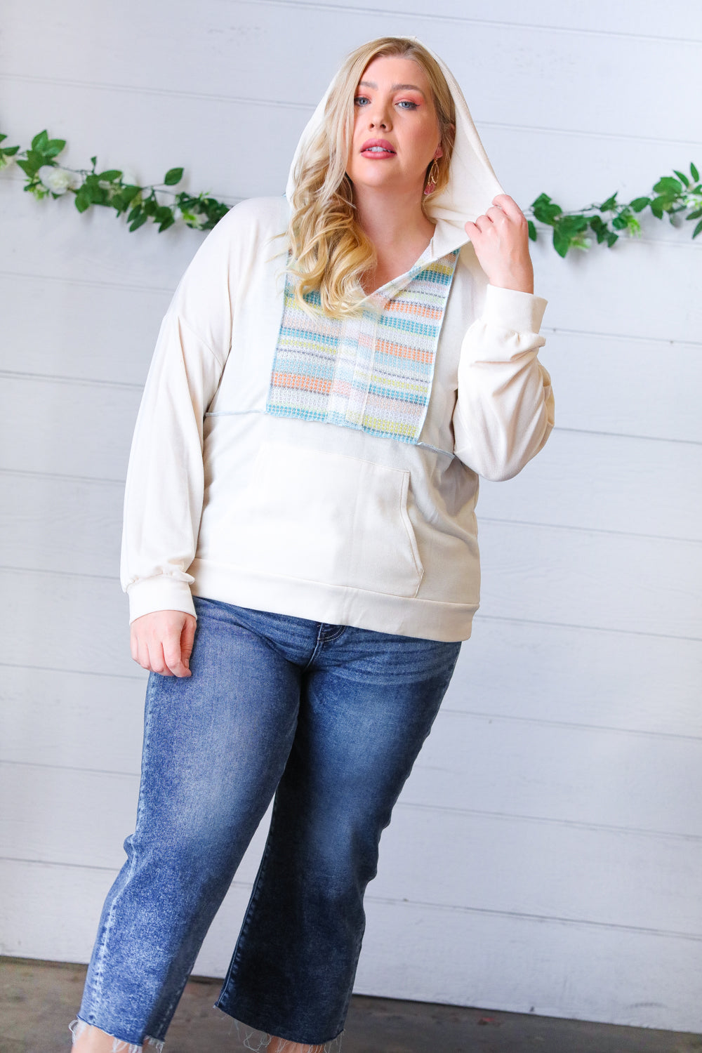 Oatmeal Multicolor Stripe Outseam Hoodie