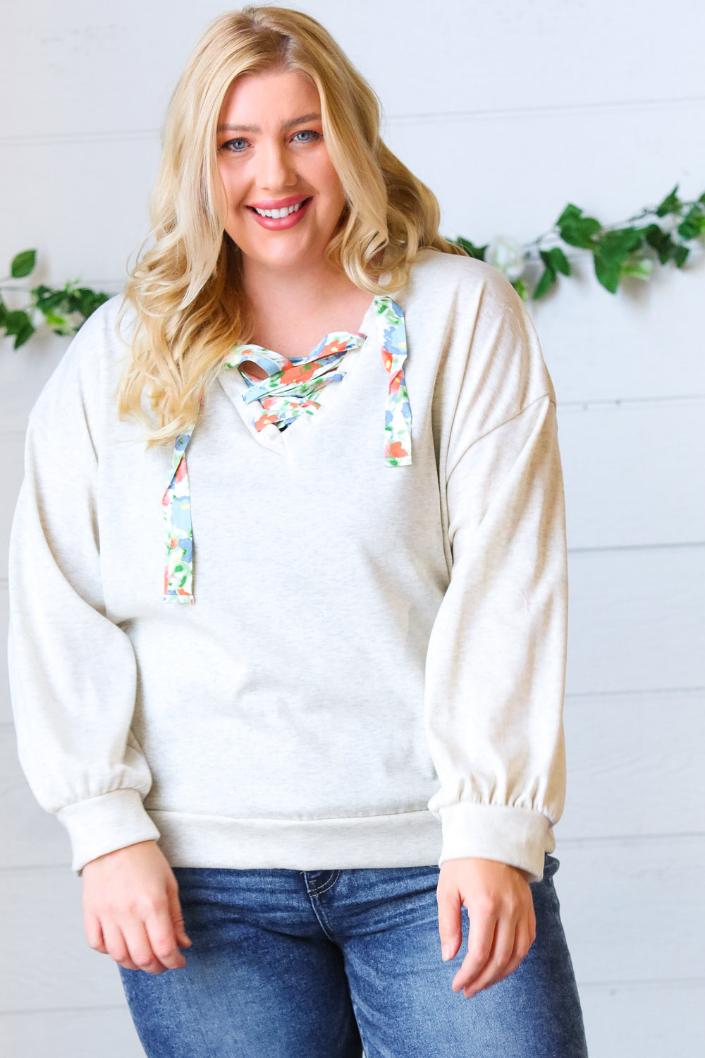 Cream Cotton Terry Floral Print Lace Up Pullover