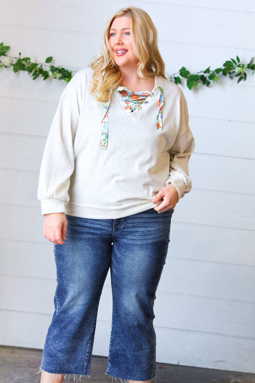 Cream Cotton Terry Floral Print Lace Up Pullover