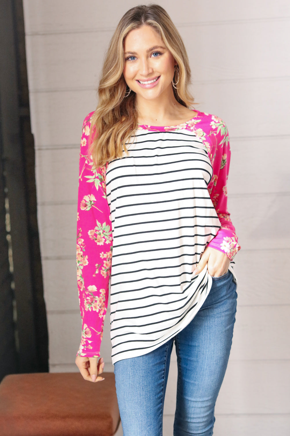 Fuchsia Floral & Stripe Raglan Top