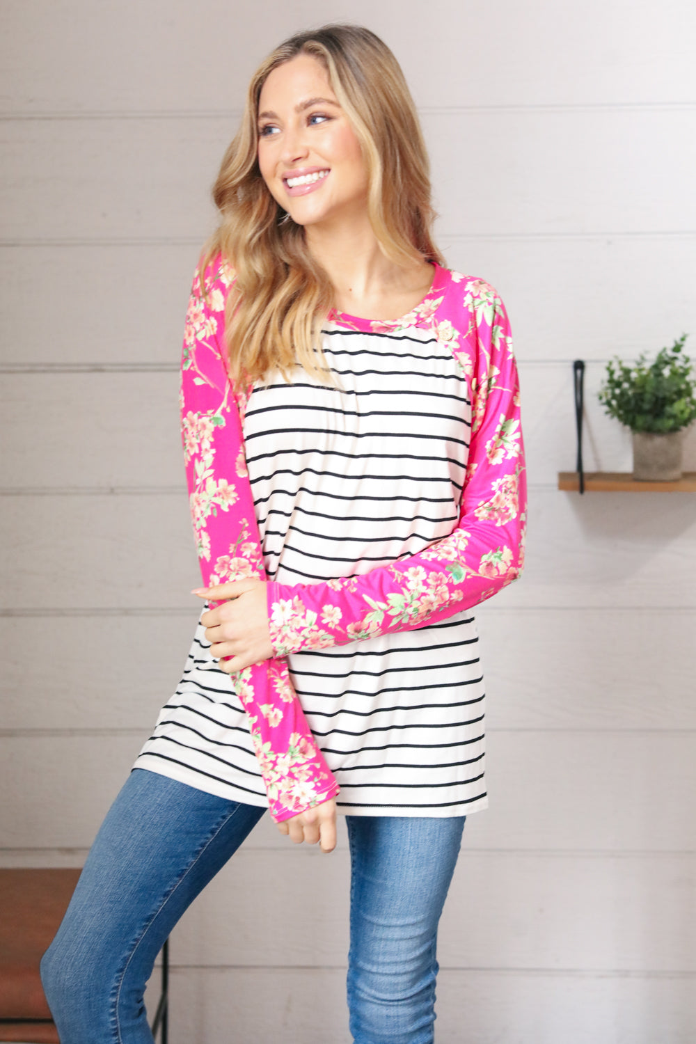 Fuchsia Floral & Stripe Raglan Top