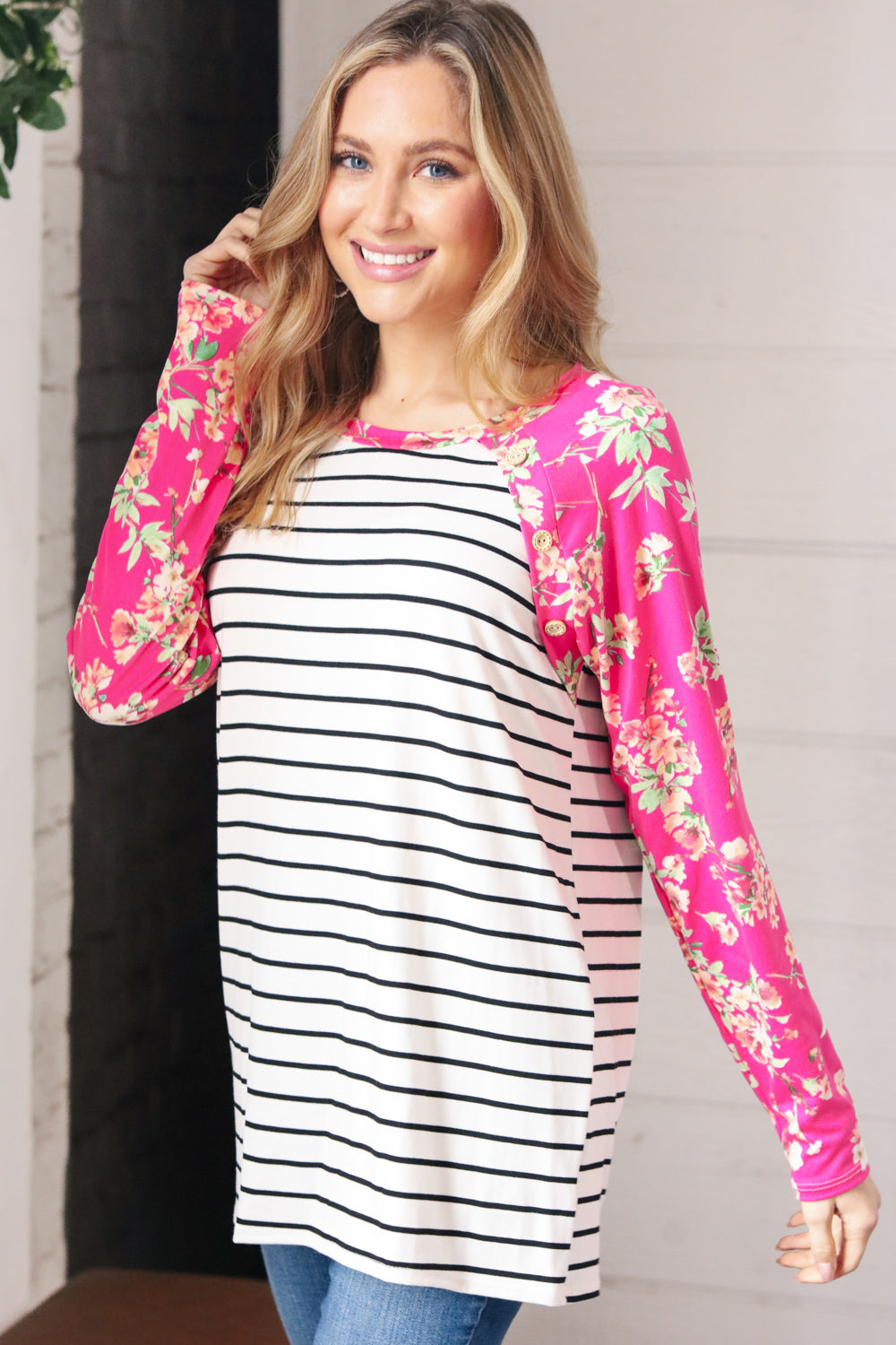 Fuchsia Floral & Stripe Raglan Top