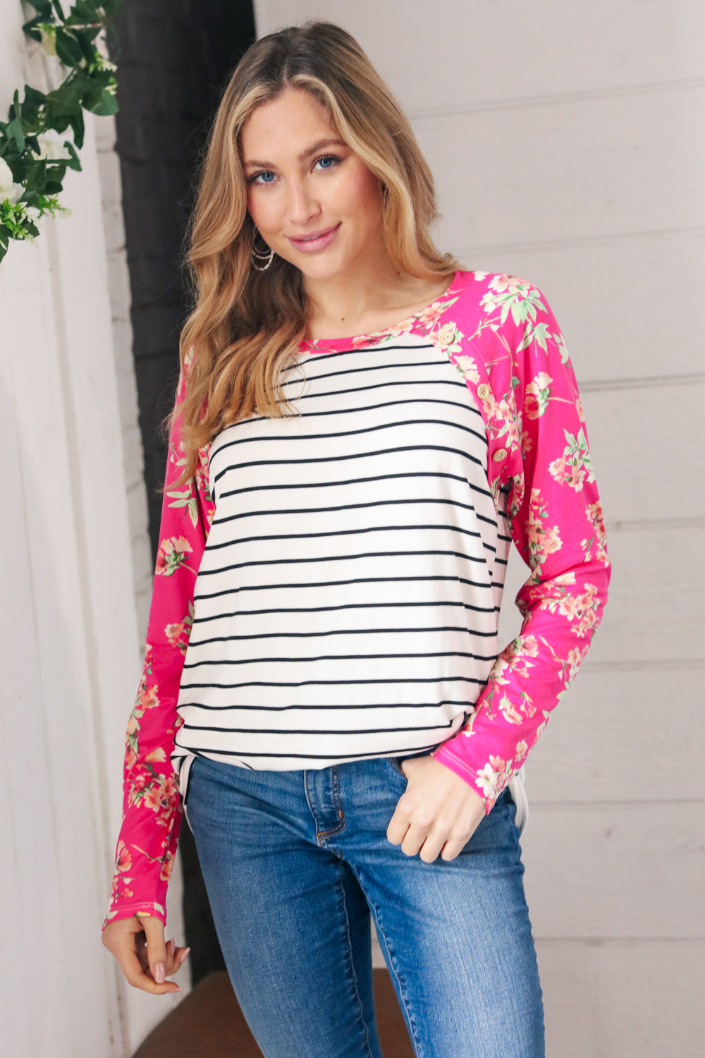 Fuchsia Floral & Stripe Raglan Top