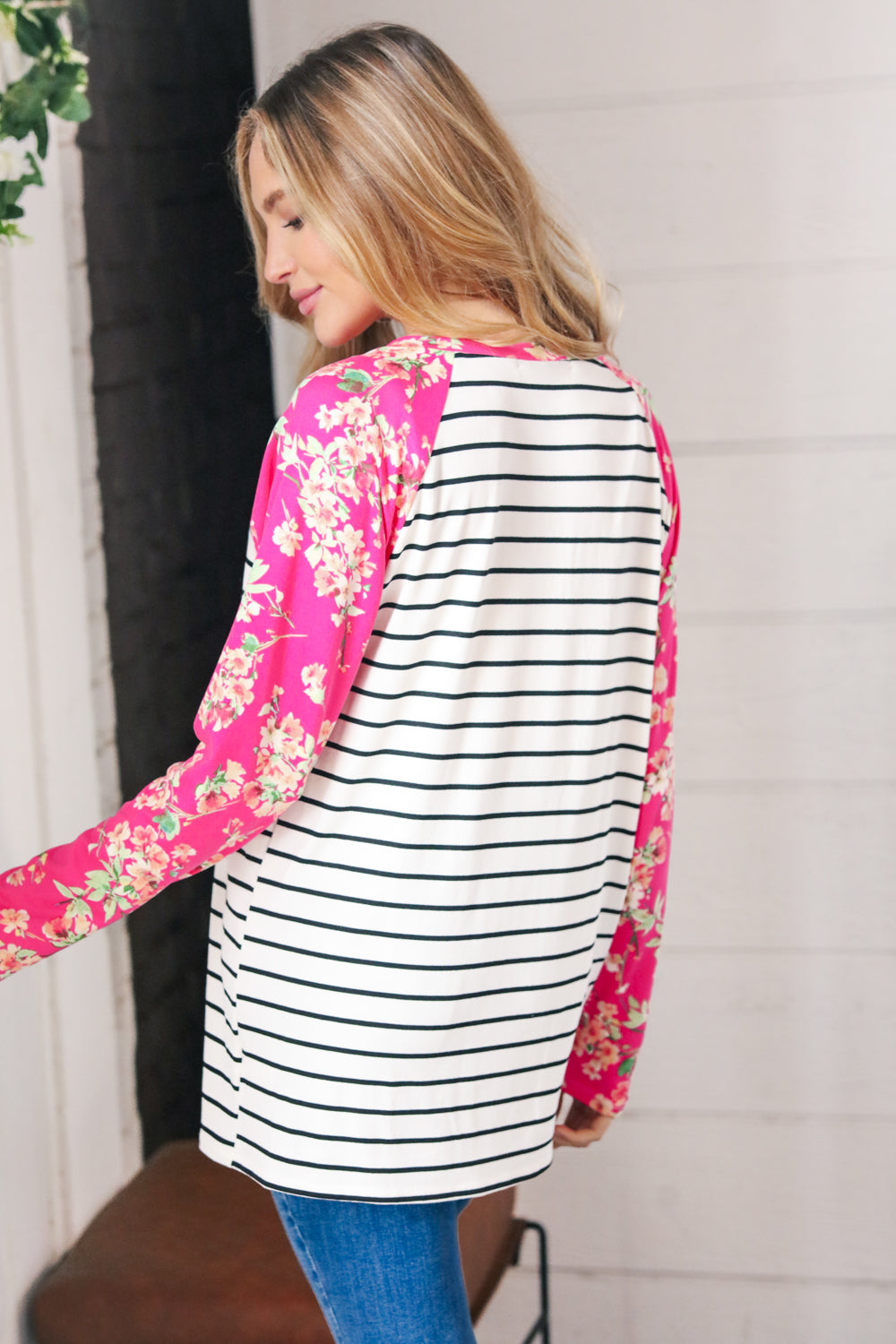 Fuchsia Floral & Stripe Raglan Top