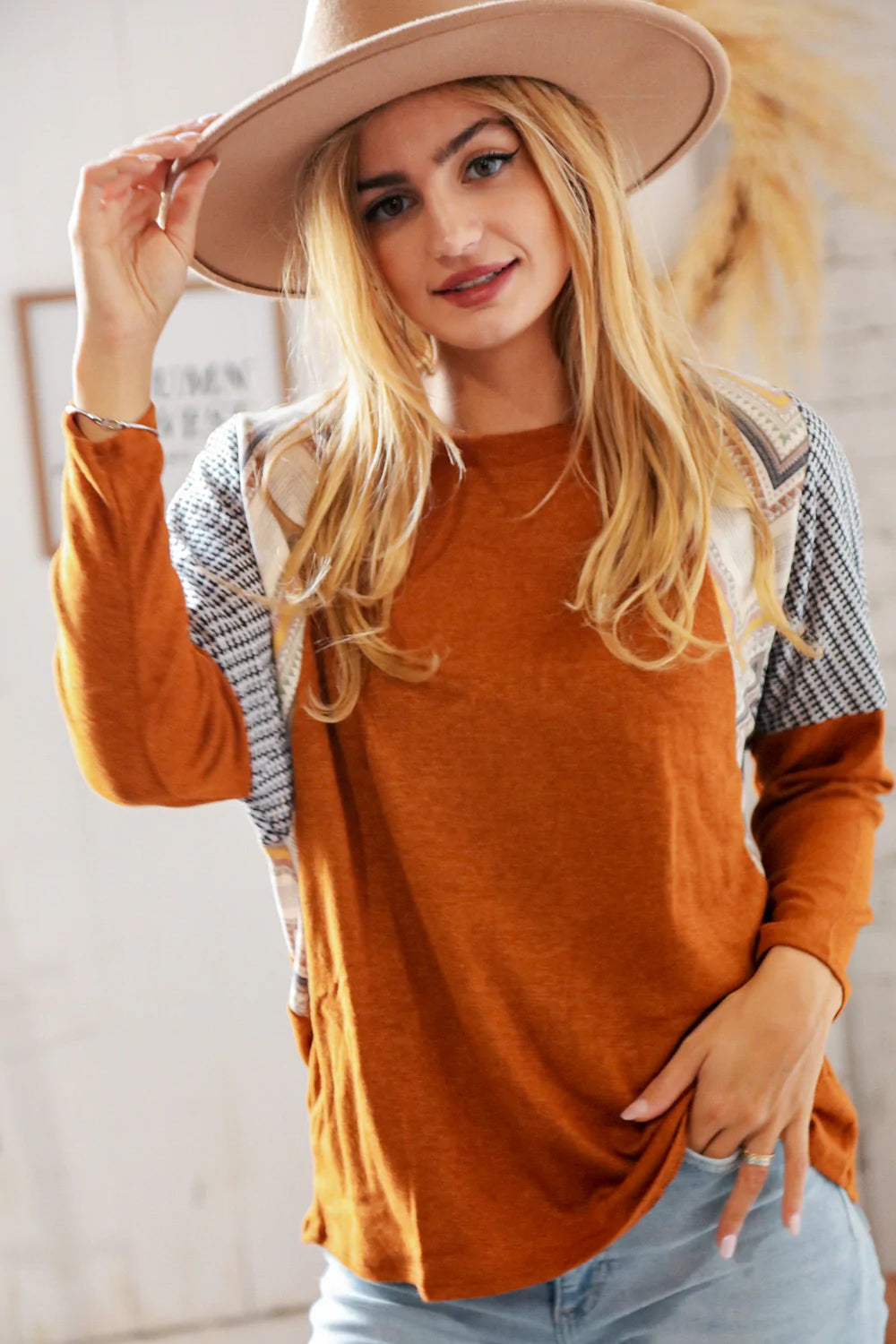 Rust Two-Tone Hacci Chevron Dolman Sweater Top